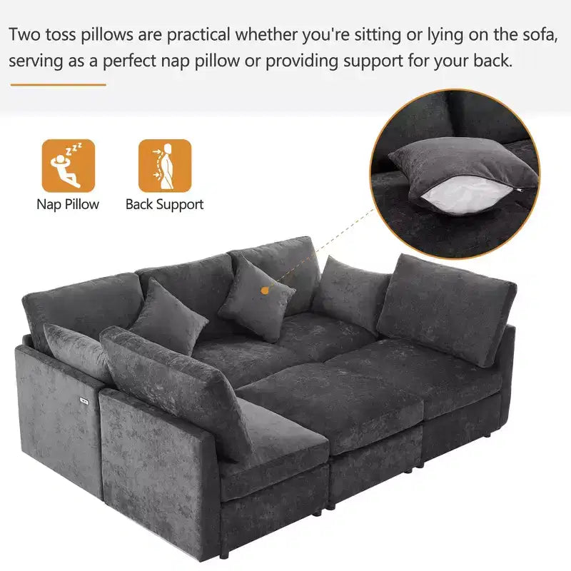 85.4 Modular Sectional Sofa Bed with Ottoman, USB Ports  Convertible L/U-Shaped Chenille Sofa for Living Room