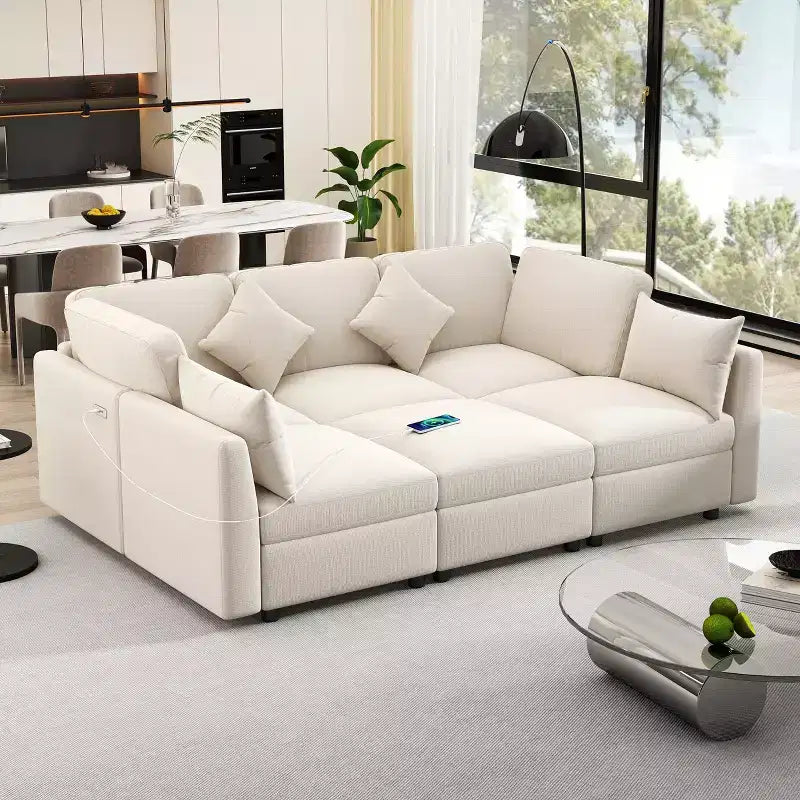 85.4 Modular Sectional Sofa Bed with Ottoman, USB Ports  Convertible L/U-Shaped Chenille Sofa for Living Room