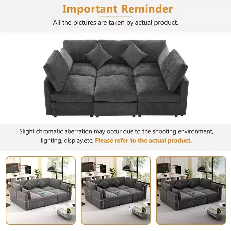 85.4 Modular Sectional Sofa Bed with Ottoman, USB Ports  Convertible L/U-Shaped Chenille Sofa for Living Room