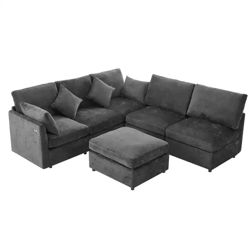 85.4 Modular Sectional Sofa Bed with Ottoman, USB Ports  Convertible L/U-Shaped Chenille Sofa for Living Room