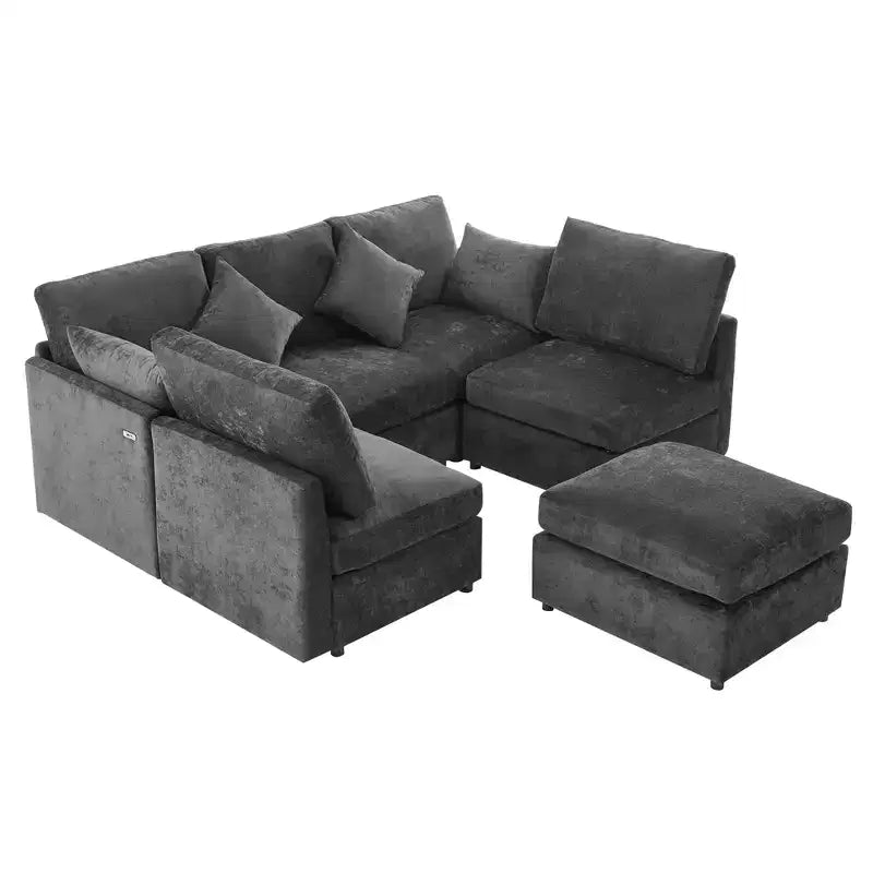 85.4 Modular Sectional Sofa Bed with Ottoman, USB Ports  Convertible L/U-Shaped Chenille Sofa for Living Room