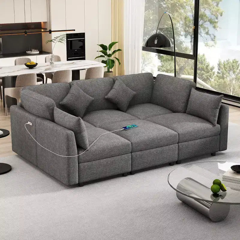 85.4 Modular Sectional Sofa Bed with Ottoman, USB Ports  Convertible L/U-Shaped Chenille Sofa for Living Room