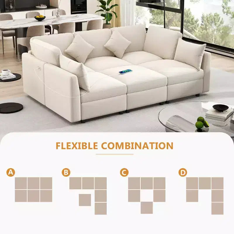 85.4 Modular Sectional Sofa Bed with Ottoman, USB Ports  Convertible L/U-Shaped Chenille Sofa for Living Room