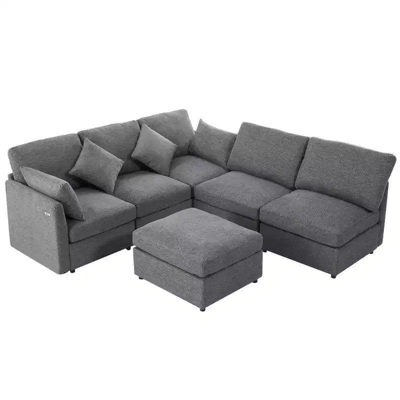 85.4 Modular Sectional Sofa Bed with Ottoman, USB Ports  Convertible L/U-Shaped Chenille Sofa for Living Room