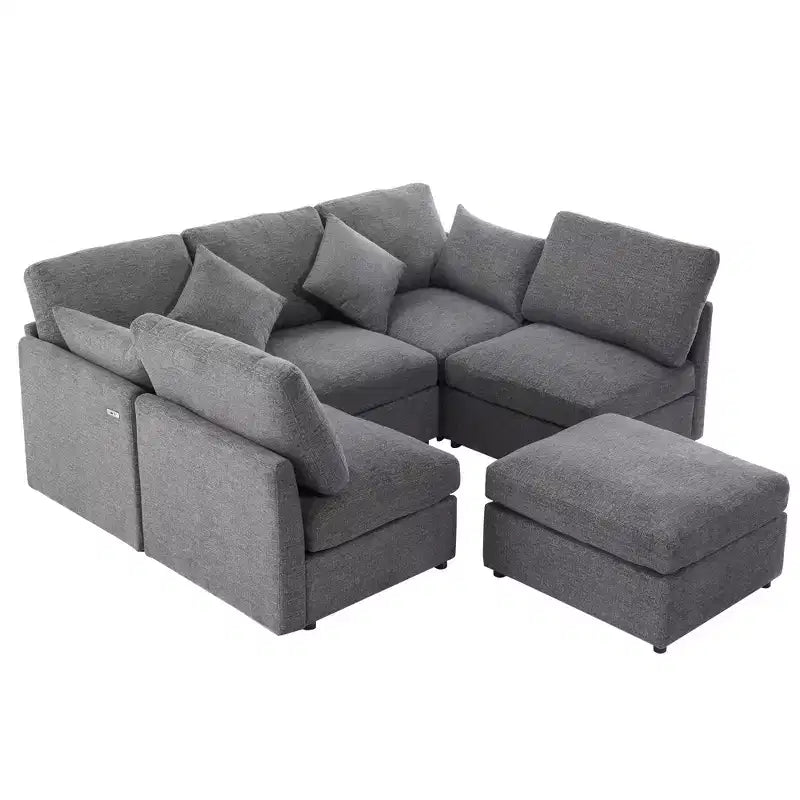 85.4 Modular Sectional Sofa Bed with Ottoman, USB Ports  Convertible L/U-Shaped Chenille Sofa for Living Room