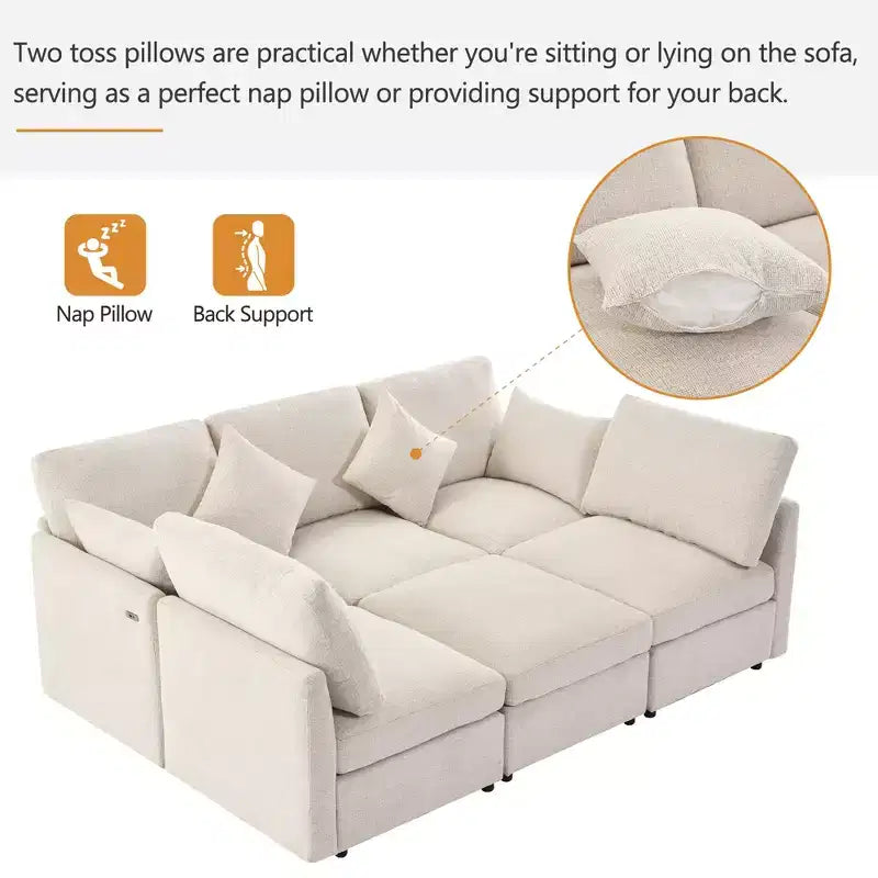 85.4 Modular Sectional Sofa Bed with Ottoman, USB Ports  Convertible L/U-Shaped Chenille Sofa for Living Room