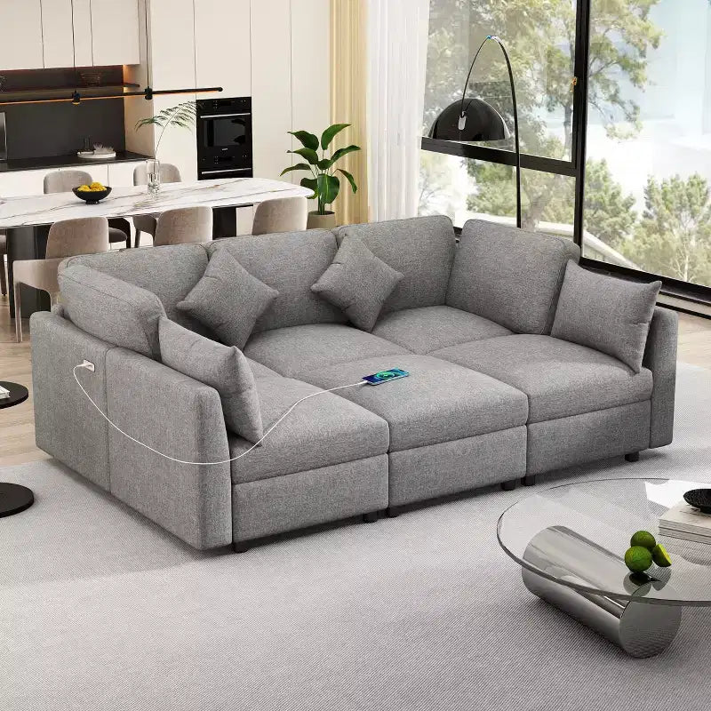 85.4 Modular Sectional Sofa Bed with Ottoman, USB Ports  Convertible L/U-Shaped Chenille Sofa for Living Room