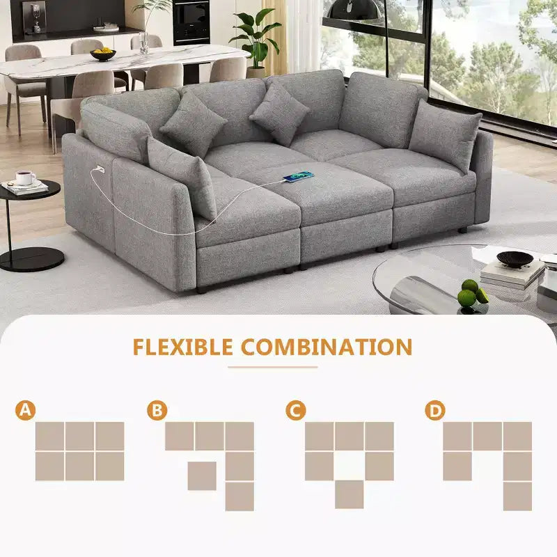 85.4 Modular Sectional Sofa Bed with Ottoman, USB Ports  Convertible L/U-Shaped Chenille Sofa for Living Room