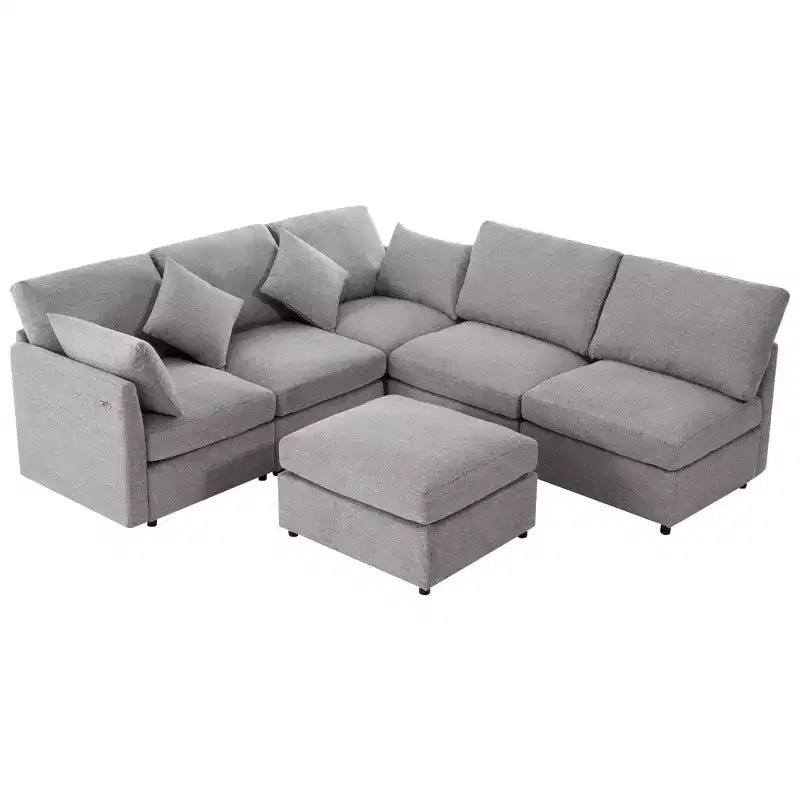 85.4 Modular Sectional Sofa Bed with Ottoman, USB Ports  Convertible L/U-Shaped Chenille Sofa for Living Room