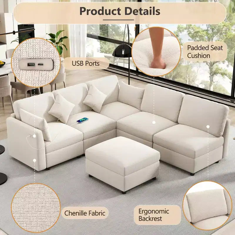 85.4 Modular Sectional Sofa Bed with Ottoman, USB Ports  Convertible L/U-Shaped Chenille Sofa for Living Room