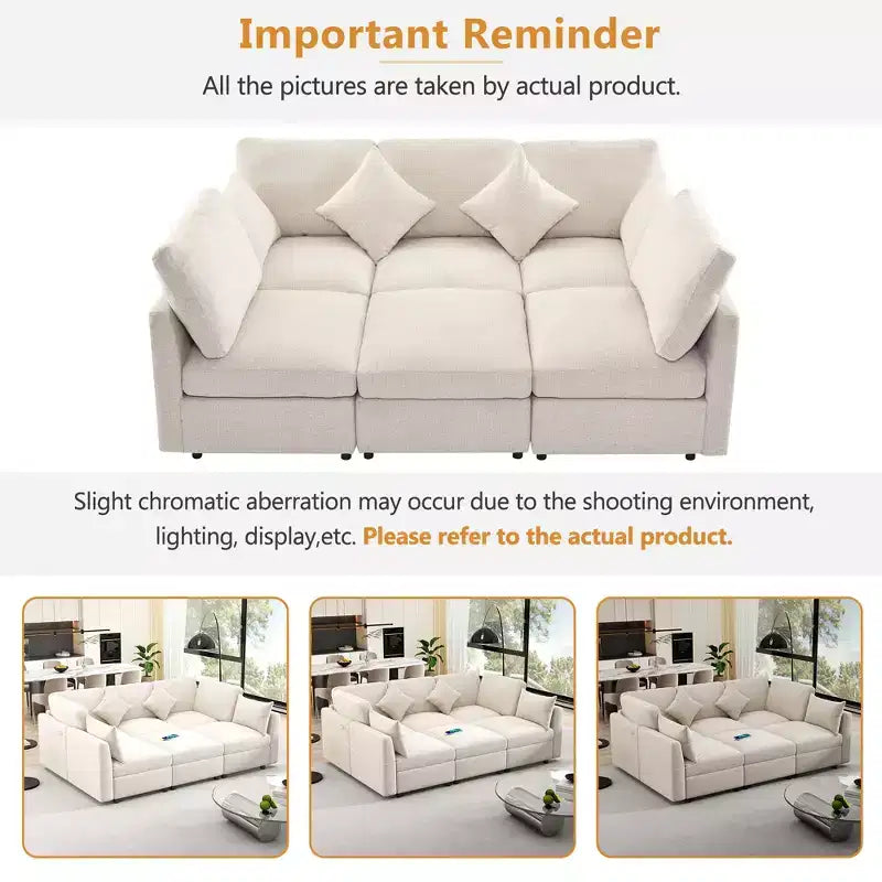 85.4 Modular Sectional Sofa Bed with Ottoman, USB Ports  Convertible L/U-Shaped Chenille Sofa for Living Room