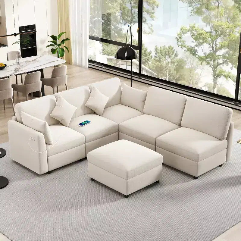 85.4 Modular Sectional Sofa Bed with Ottoman, USB Ports  Convertible L/U-Shaped Chenille Sofa for Living Room