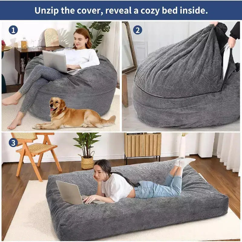 Convertible Bean Bag Chair Bed for Adults - Oversized Floor Mattress & Lounge Chair with Removable Washable Cover