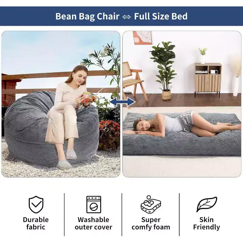 Convertible Bean Bag Chair Bed for Adults - Oversized Floor Mattress & Lounge Chair with Removable Washable Cover