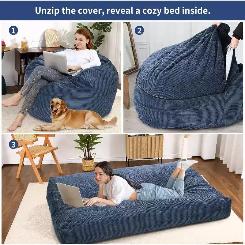 Convertible Bean Bag Chair Bed for Adults - Oversized Floor Mattress & Lounge Chair with Removable Washable Cover