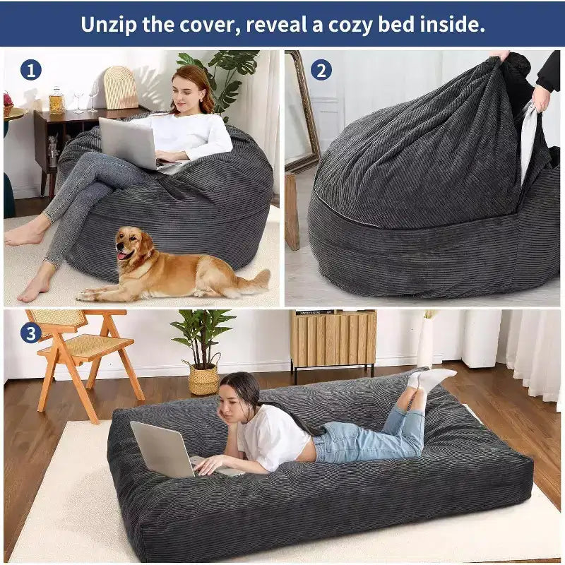 Convertible Bean Bag Chair Bed for Adults - Oversized Floor Mattress & Lounge Chair with Removable Washable Cover