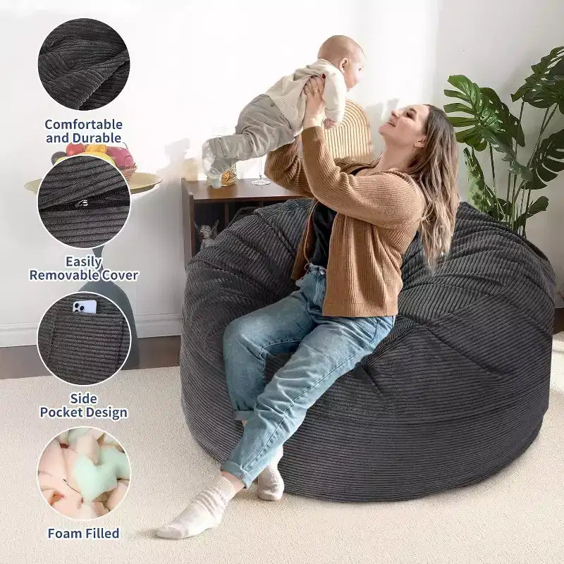 Convertible Bean Bag Chair Bed for Adults - Oversized Floor Mattress & Lounge Chair with Removable Washable Cover