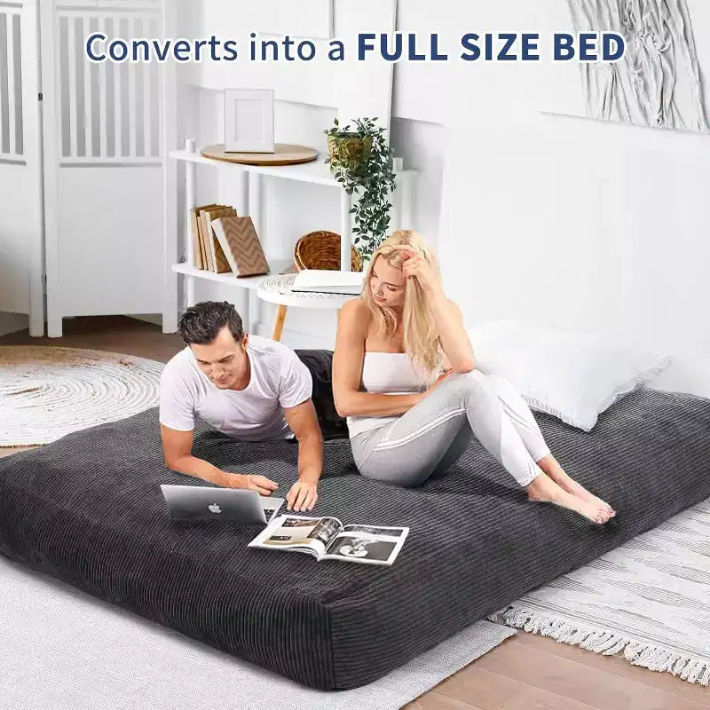 Convertible Bean Bag Chair Bed for Adults - Oversized Floor Mattress & Lounge Chair with Removable Washable Cover