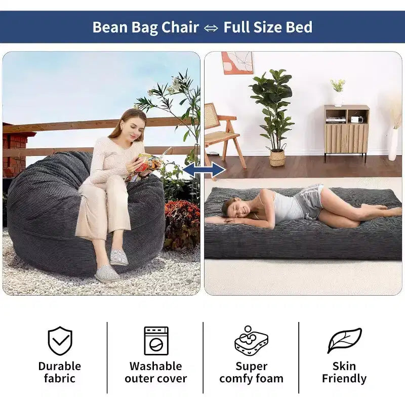 Convertible Bean Bag Chair Bed for Adults - Oversized Floor Mattress & Lounge Chair with Removable Washable Cover