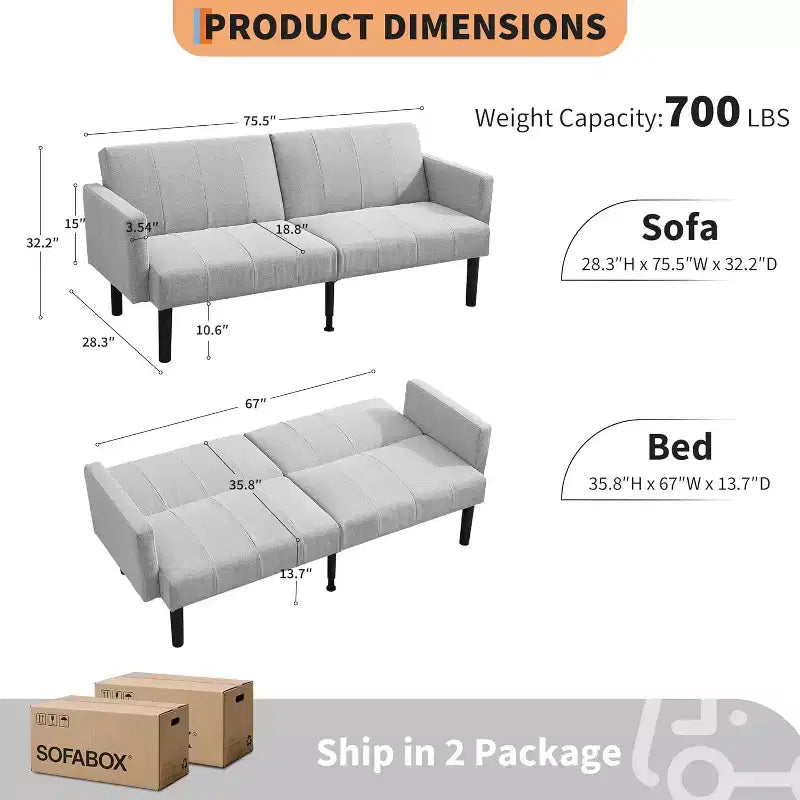 75.5 Adjustable Sofa Bed  3-Position Recliner with Off-Floor Design for Small Spaces (Gray/Green)