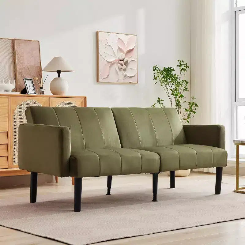 75.5 Adjustable Sofa Bed  3-Position Recliner with Off-Floor Design for Small Spaces (Gray/Green)