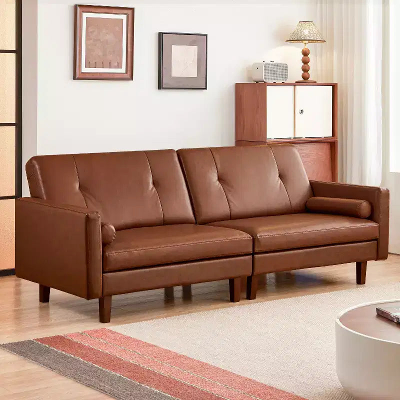 ATJafurn 86 inch Brown Tufted Leather Couch with Deep Seat, Mid Century Modern Vintage 3-Seater Sleeper Sofa Sectional Loveseat for Living Room Office