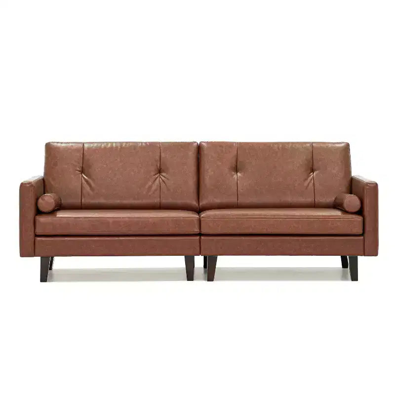 ATJafurn 86 inch Brown Tufted Leather Couch with Deep Seat, Mid Century Modern Vintage 3-Seater Sleeper Sofa Sectional Loveseat for Living Room Office