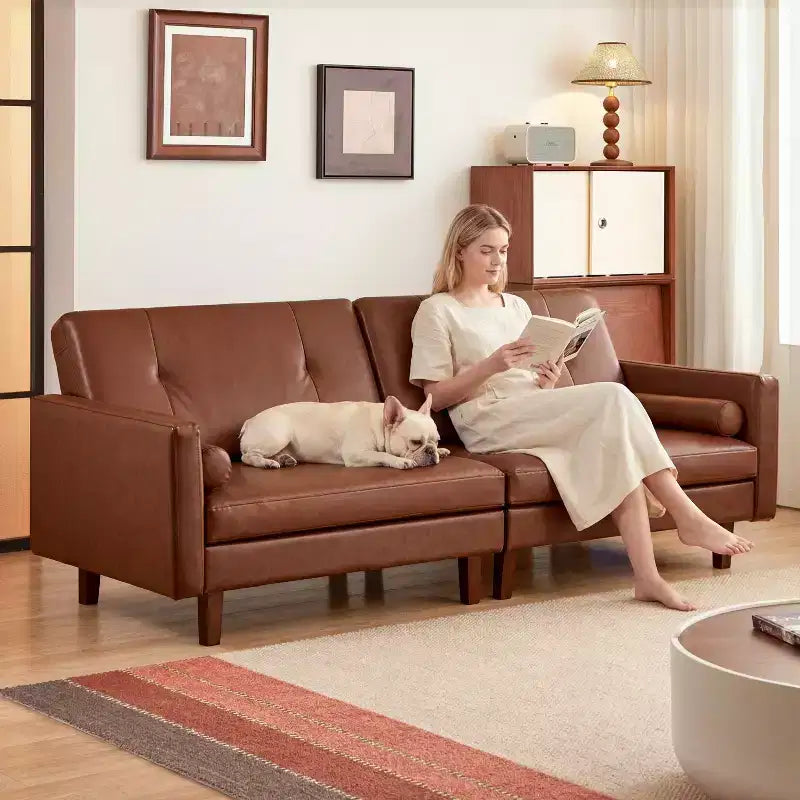 ATJafurn 86 inch Brown Tufted Leather Couch with Deep Seat, Mid Century Modern Vintage 3-Seater Sleeper Sofa Sectional Loveseat for Living Room Office