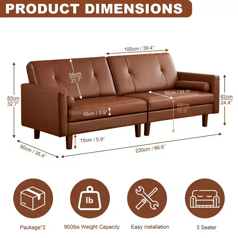 ATJafurn 86 inch Brown Tufted Leather Couch with Deep Seat, Mid Century Modern Vintage 3-Seater Sleeper Sofa Sectional Loveseat for Living Room Office