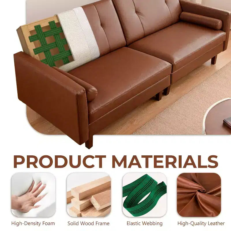 ATJafurn 86 inch Brown Tufted Leather Couch with Deep Seat, Mid Century Modern Vintage 3-Seater Sleeper Sofa Sectional Loveseat for Living Room Office