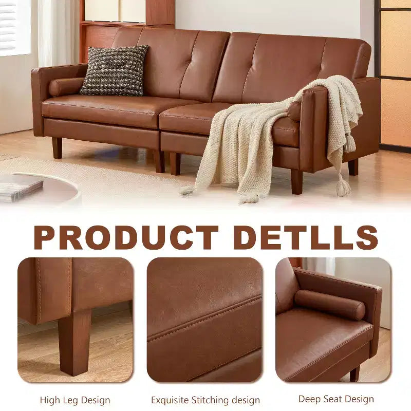 ATJafurn 86 inch Brown Tufted Leather Couch with Deep Seat, Mid Century Modern Vintage 3-Seater Sleeper Sofa Sectional Loveseat for Living Room Office