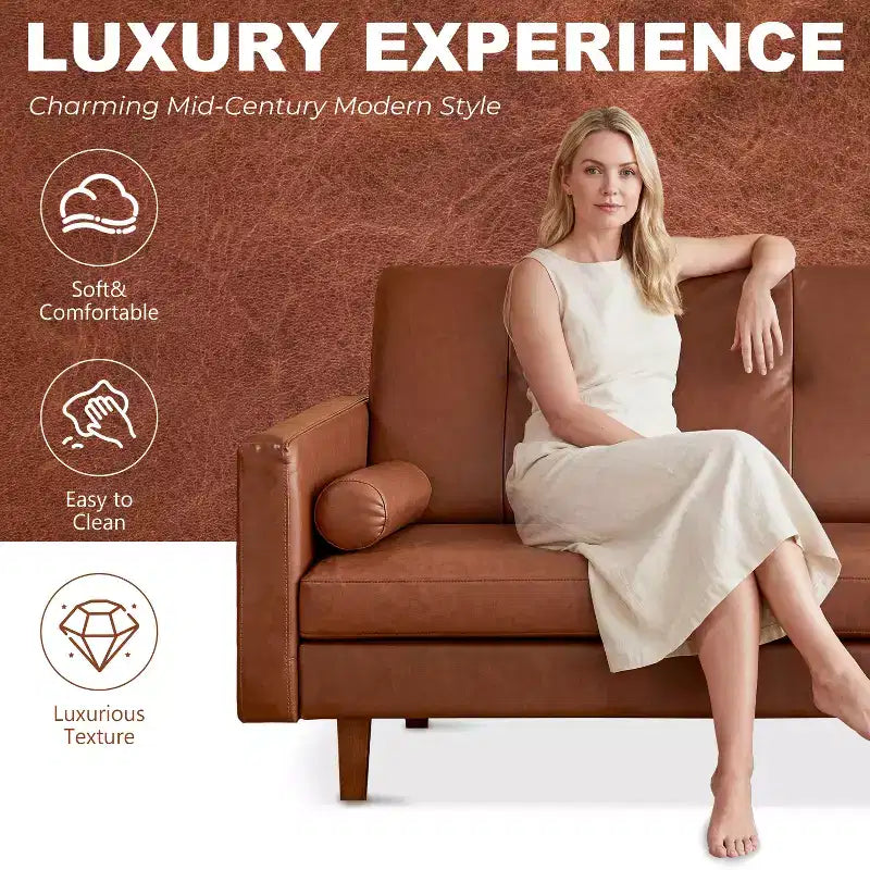 ATJafurn 86 inch Brown Tufted Leather Couch with Deep Seat, Mid Century Modern Vintage 3-Seater Sleeper Sofa Sectional Loveseat for Living Room Office