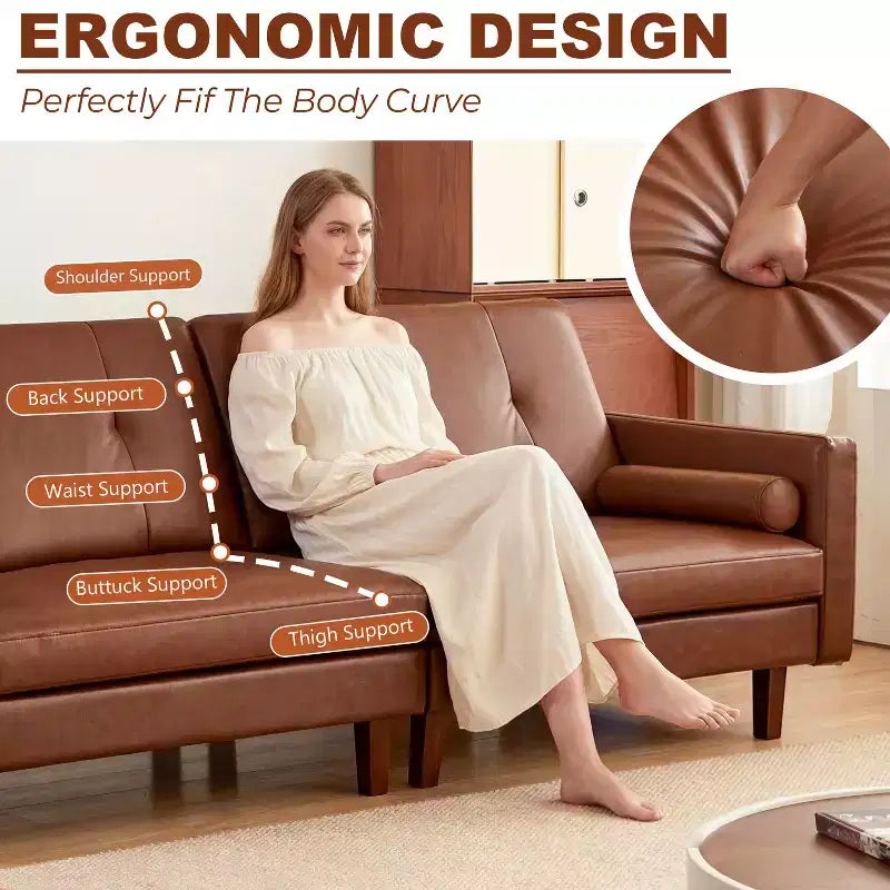 ATJafurn 86 inch Brown Tufted Leather Couch with Deep Seat, Mid Century Modern Vintage 3-Seater Sleeper Sofa Sectional Loveseat for Living Room Office