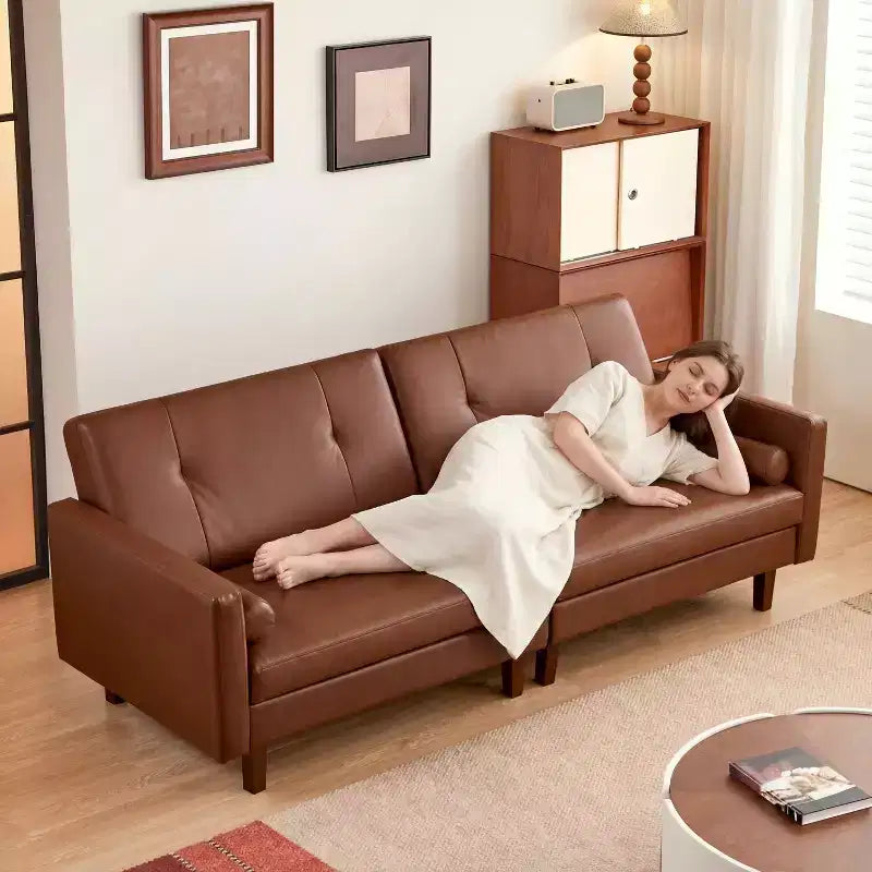 ATJafurn 86 inch Brown Tufted Leather Couch with Deep Seat, Mid Century Modern Vintage 3-Seater Sleeper Sofa Sectional Loveseat for Living Room Office