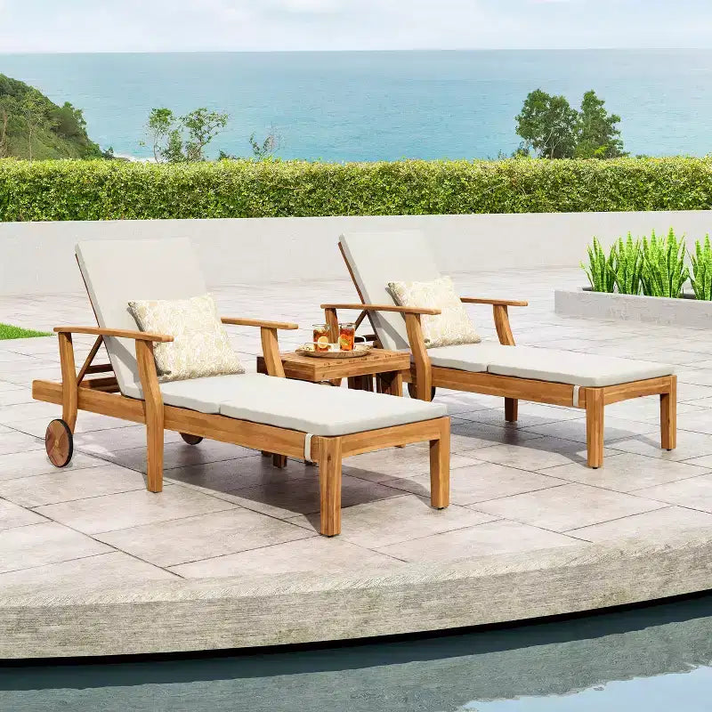 Christopher Knight Home Perla Juego de conversación de 3 piezas de madera de acacia para exteriores con tumbona ajustable y cojín