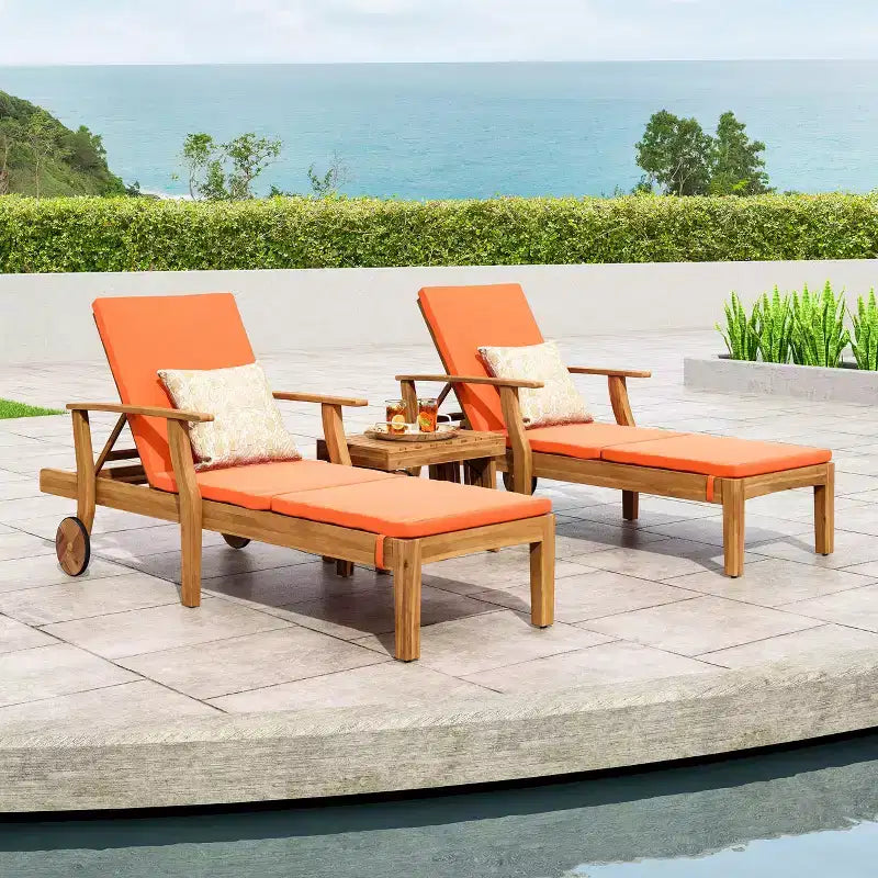 Christopher Knight Home Perla Juego de conversación de 3 piezas de madera de acacia para exteriores con tumbona ajustable y cojín