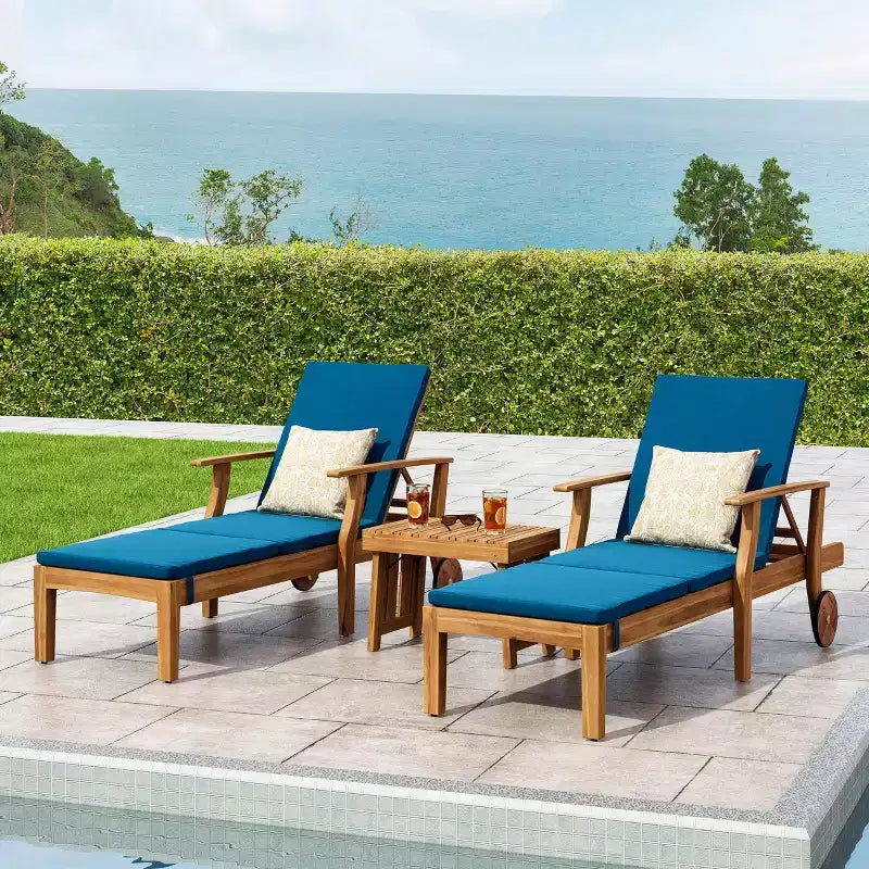 Christopher Knight Home Perla Juego de conversación de 3 piezas de madera de acacia para exteriores con tumbona ajustable y cojín