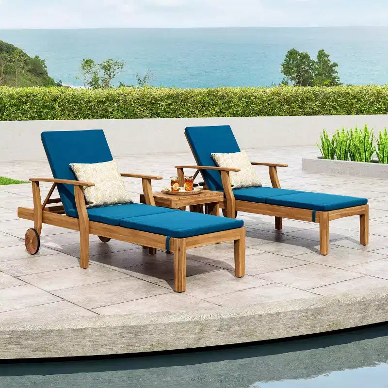 Christopher Knight Home Perla Juego de conversación de 3 piezas de madera de acacia para exteriores con tumbona ajustable y cojín