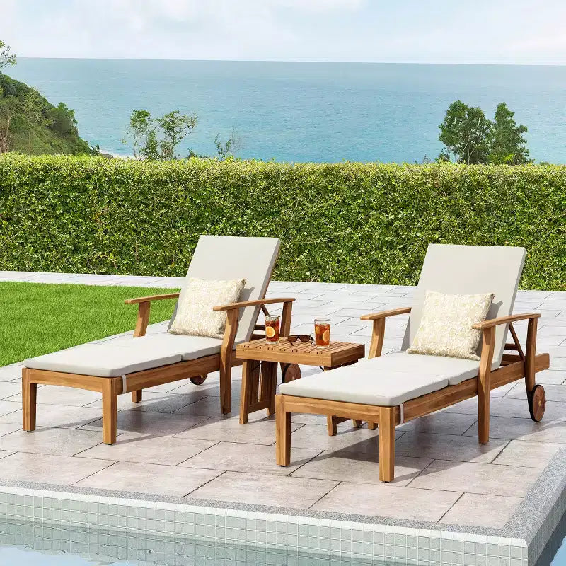 Christopher Knight Home Perla Ensemble conversation 3 pièces en bois d'acacia d'extérieur avec chaises longues réglables et coussins