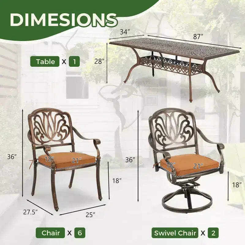 Juego de comedor rectangular de exterior de 8 plazas EROMMY con cojines