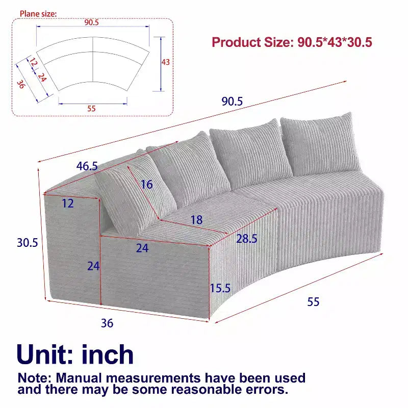 MAYEERTY Sectional Sofa Corduroy Curved Modular with 4 Pillows 2 Modules for Living Room