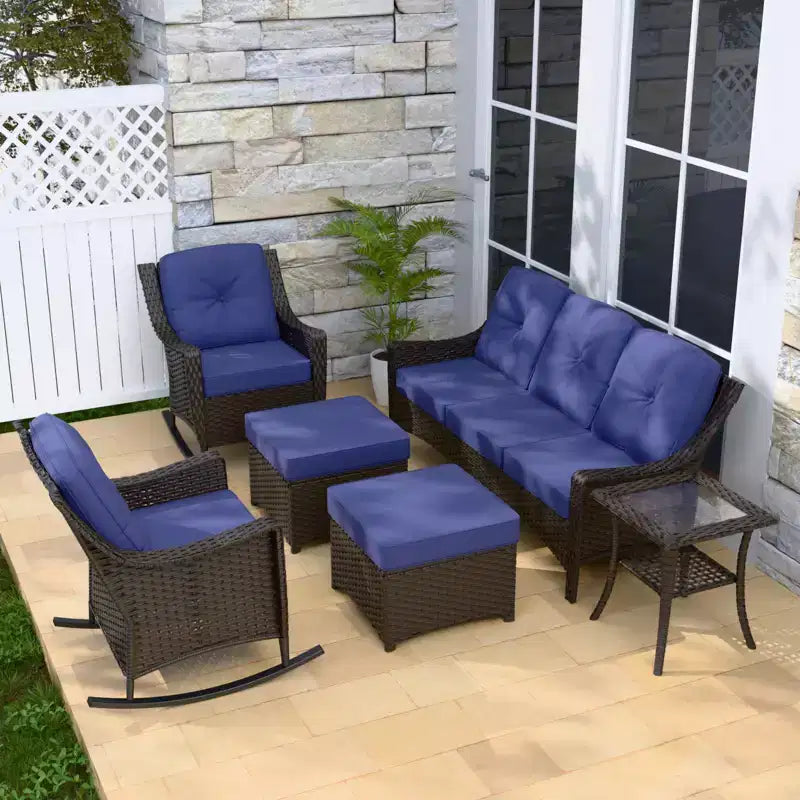 EAGLE PEAK Azure Bay Juego de Muebles de Patio de Exterior de Mimbre de 6 Piezas, Sofá y Sillas Mecedoras con Otomanas y Mesa Auxiliar