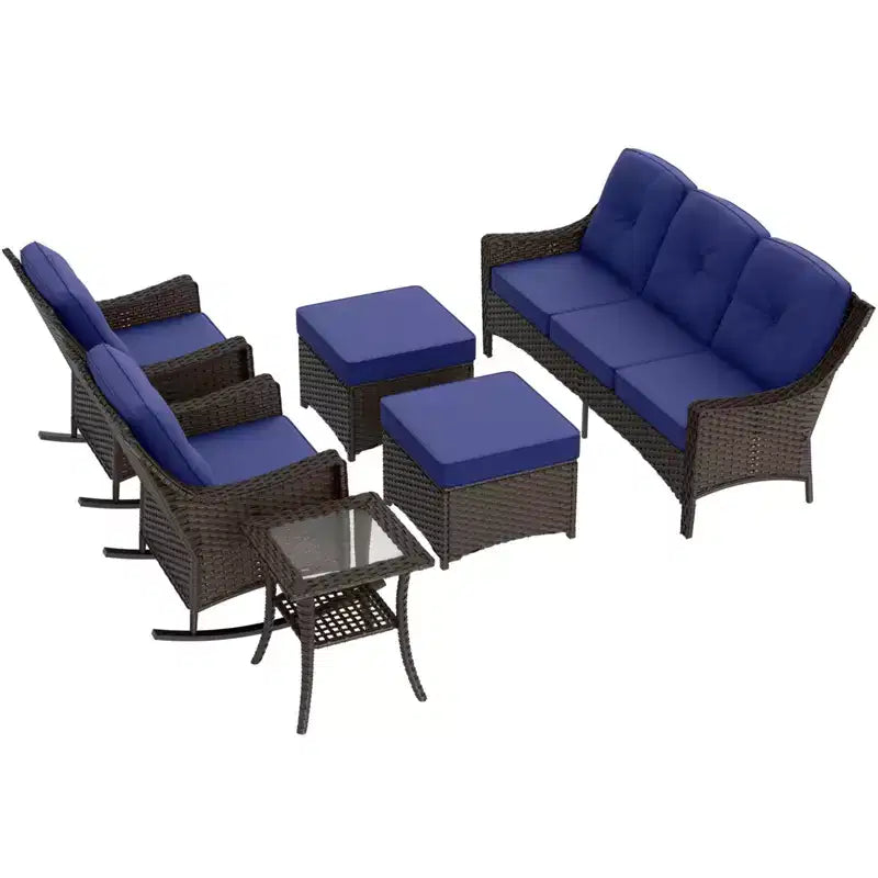 EAGLE PEAK Azure Bay Juego de Muebles de Patio de Exterior de Mimbre de 6 Piezas, Sofá y Sillas Mecedoras con Otomanas y Mesa Auxiliar