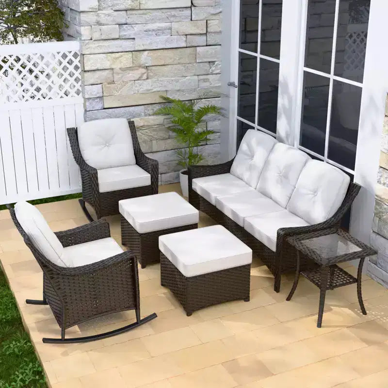 EAGLE PEAK Azure Bay Juego de Muebles de Patio de Exterior de Mimbre de 6 Piezas, Sofá y Sillas Mecedoras con Otomanas y Mesa Auxiliar