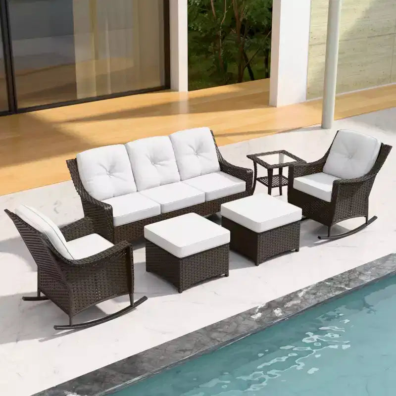 EAGLE PEAK Azure Bay 6 Pieces Wicker Outdoor Patio Furniture Set, Sofa and Rocking Chairs with Ottomans and Side Table