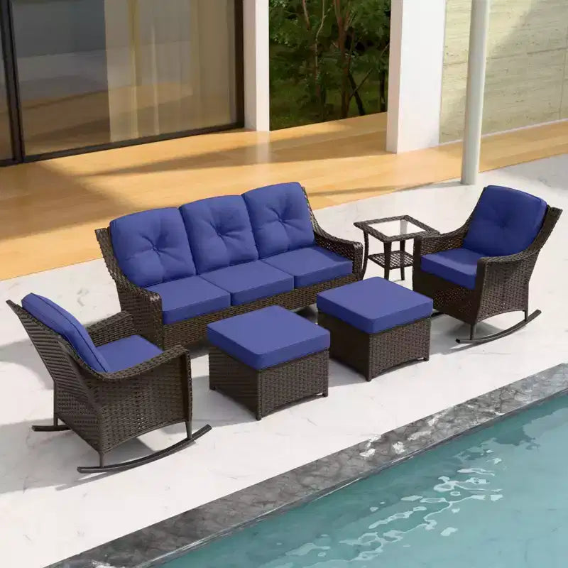 EAGLE PEAK Azure Bay Juego de Muebles de Patio de Exterior de Mimbre de 6 Piezas, Sofá y Sillas Mecedoras con Otomanas y Mesa Auxiliar