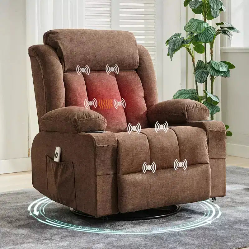 360 Swivel Rocker Recliner Chair with Heat and Massage for Big & Tall Adults, with Remote Control, Cup Holders, Side Pockets, USB Charge Port