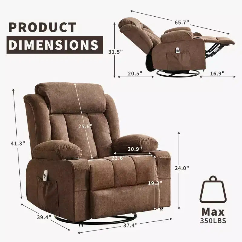 360 Swivel Rocker Recliner Chair with Heat and Massage for Big & Tall Adults, with Remote Control, Cup Holders, Side Pockets, USB Charge Port
