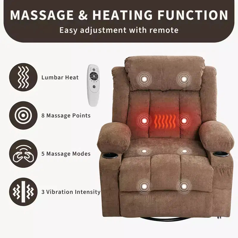 360 Swivel Rocker Recliner Chair with Heat and Massage for Big & Tall Adults, with Remote Control, Cup Holders, Side Pockets, USB Charge Port