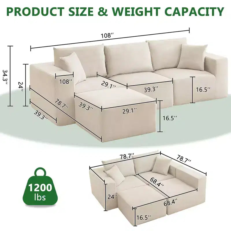 Sectional Couches Sofas, Modular Sectional Sofa with Deep Seat, Upholstered Chenille Convertible Sponge Compression Sofas, No Assembly Required
